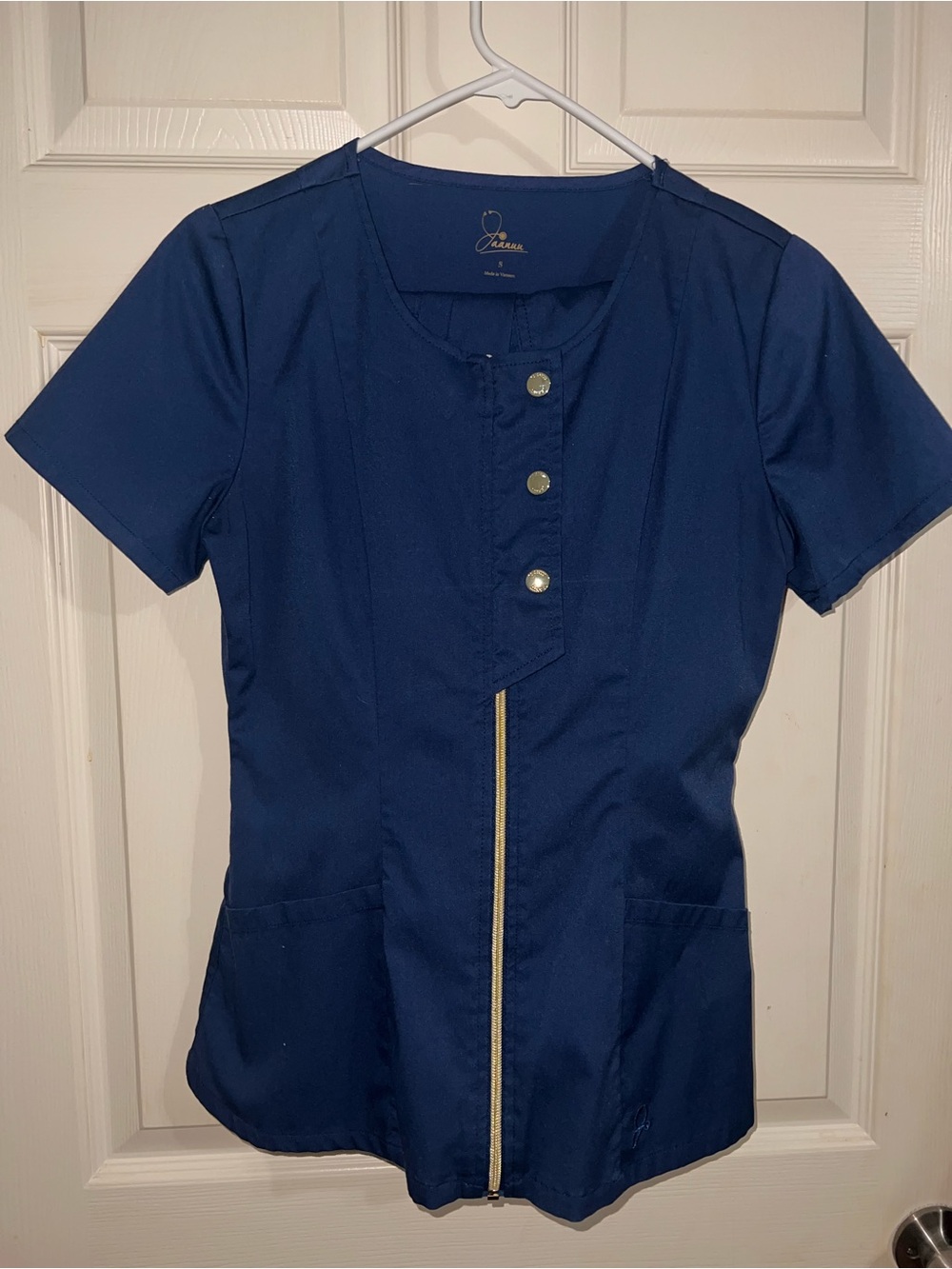 Jaanuu Navy Short Sleeve Zip Front Scrub Top and Pants set
